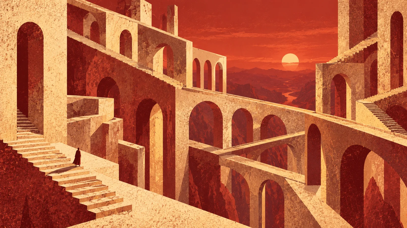 A lone figure on an impossible staircase of arches