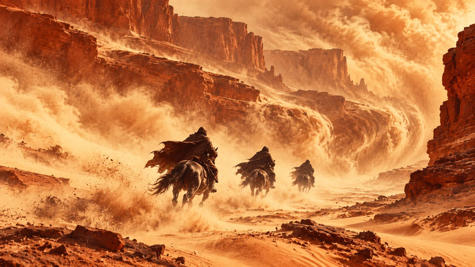 Three riders galloping into a sandstorm